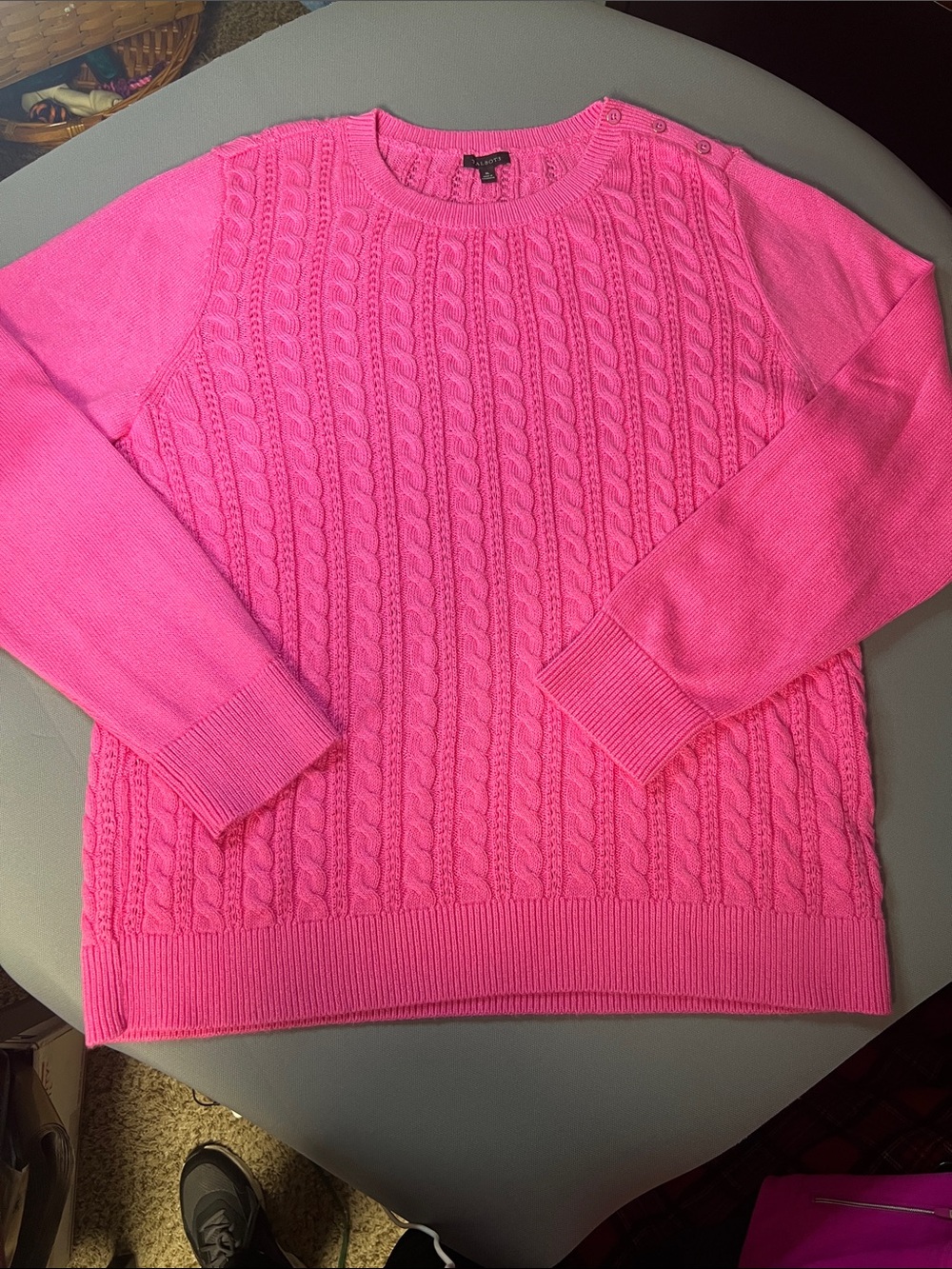 XL Talbots Cotton Pink Cable-Knit Crewneck Sweater with Shoulder Buttons